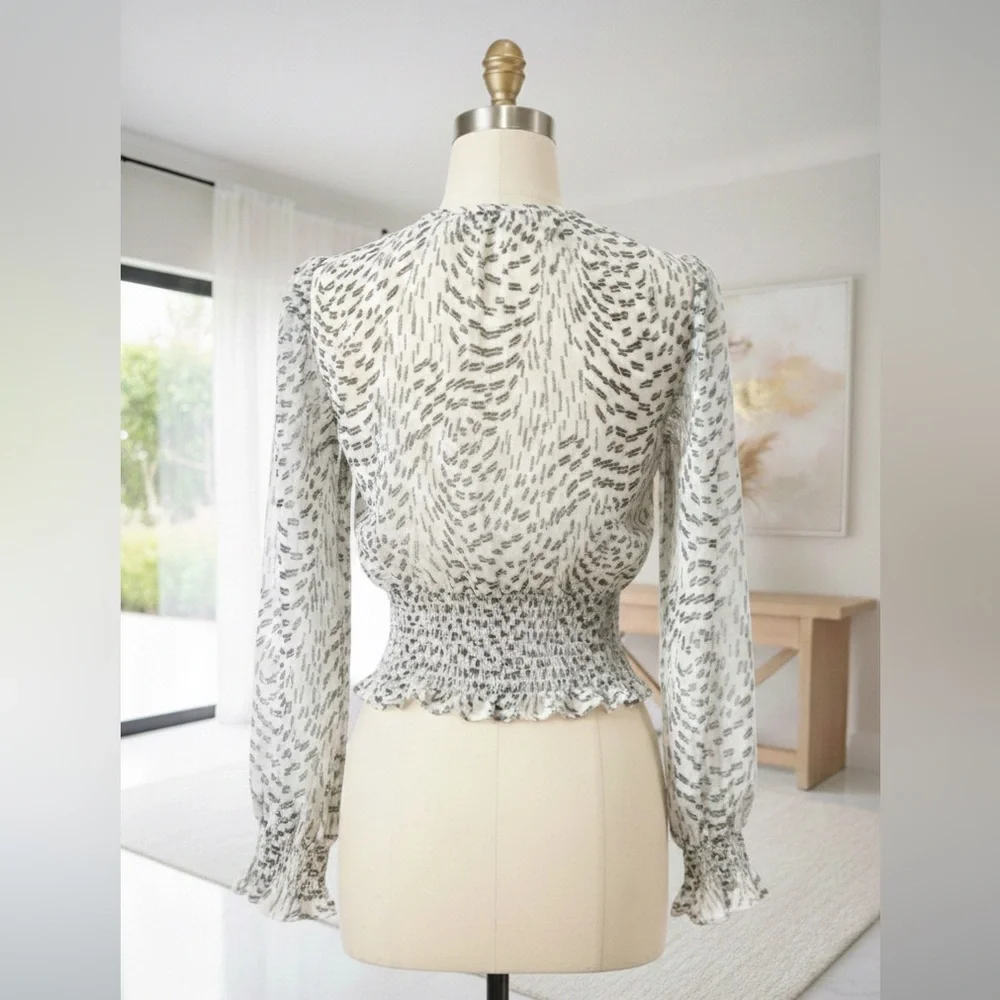 Ramy Brook Black and White metallic Printed V-Neck Smocked Waist top - Picture 3 of 6
